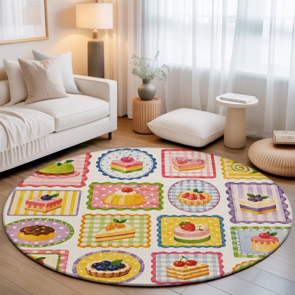 Afternoon Tea 8' Round Rugs for Open Concept Living Room Seating Zone, Sweet Matcha Cake Cupcake Kawaii Tart Retro Washable Non Slip Mats Large Circle Lounge Area Area Rug