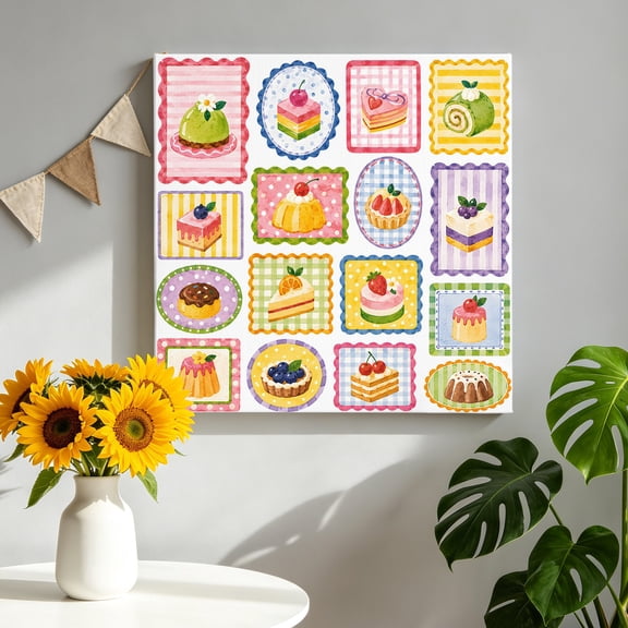 Afternoon Tea Canvas Wall Art for Living Room, Sweet Matcha Cake Cupcake Kawaii Tart Cottagecore Poster Print Painting for Bedroom Office Home Decoration Wall Pictures Prepare To Hang 8"x8"