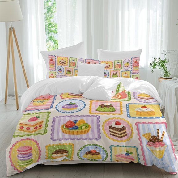 Afternoon Tea Comforter Set Twin Size, Sweet Cupcake Kawaii Tart Layered Cake Cafe Soft Bedding Set for Man Woman, 4 Pieces Duvet Cover Set with Fitted Sheet, 2 Pillowcases