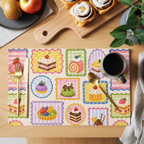 Afternoon Tea Placemats Set of 1, Sweet Cupcake Kawaii Tart Layered Cake Cafe Non-Slip Place Mats Washable Table Mats for Kitchen Dining Table Decorations Indoor/Outdoor