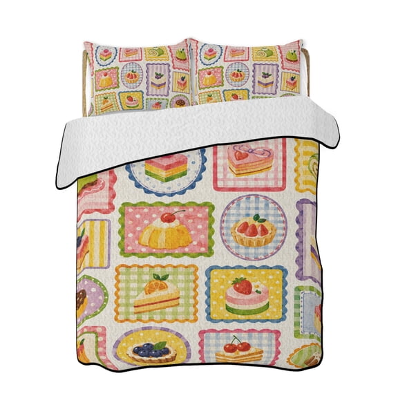 Afternoon Tea Quilts Bedding Set Full Size Sweet Matcha Cake Cupcake Kawaii Tart Retro Lightweight Quilted Bedspread 3 Piece Bed Quilt with 2 Pillow Shams All Season for Bedroom 68" x 98"