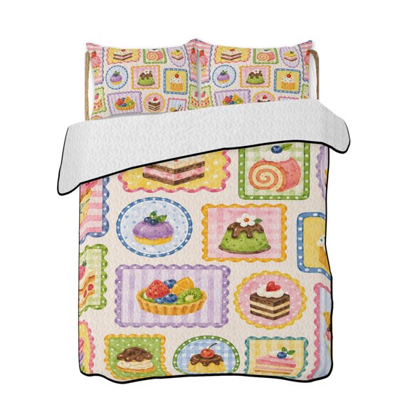 Afternoon Tea Quilts Bedding Set Queen Size Sweet Cupcake Kawaii Tart Layered Cake Cafe Lightweight Quilted Bedspread 3 Piece Bed Quilt with 2 Pillow Shams All Season for Bedroom 78" x 90"