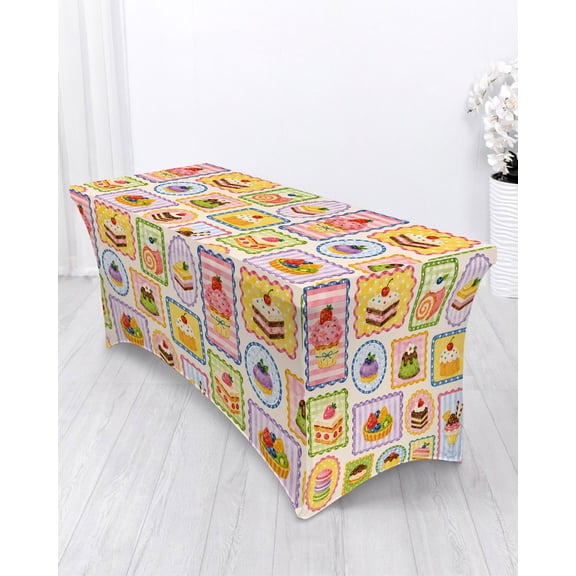 Afternoon Tea Spandex Tablecloth 4ft Sweet Cupcake Kawaii Tart Layered Cake Cafe Elastic Fitted Cloth for Rectangle Table Washable Wrinkle Proof Stretch Table Cover for Wedding Party Birthday Banquet