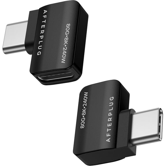 Afterplug 90 Degree USB C Extension Adapter, USB-C Male to Female, Thunderbolt 3/4/5 Extender, 80Gbps, 8K Video, 240W PD, Not for Thick Cases (2-Pack), Space Black