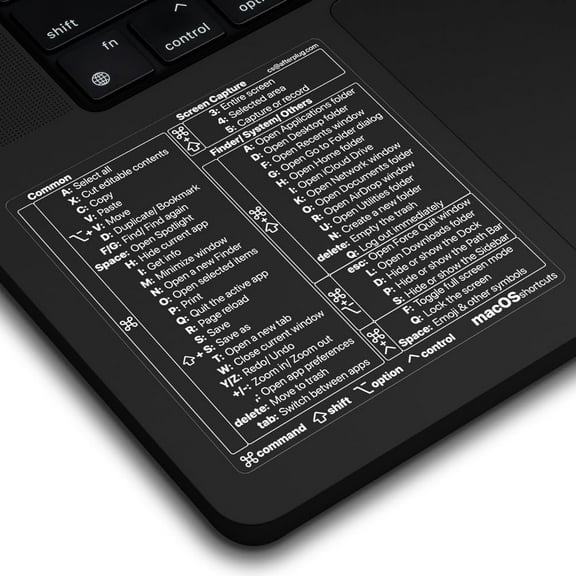 Afterplug Mac OS Keyboard Shortcuts Sticker, 50+ Shortcuts for 13-16 inch MacBook Pro & Air (Space Black & Midnight Only), Residue-Free Vinyl, Clear with White Text, 5-Pack