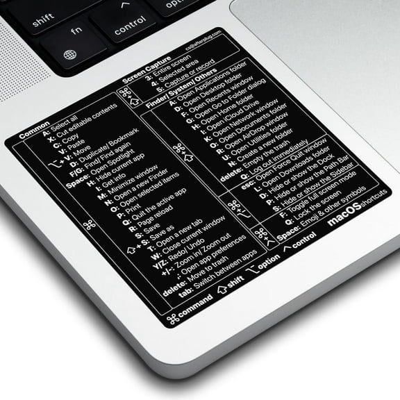Afterplug Mac OS Keyboard Shortcuts Sticker, 50+ Shortcuts for 13-16 inch MacBook Pro & Air, Residue-Free Vinyl, Black with White Text, 5-Pack