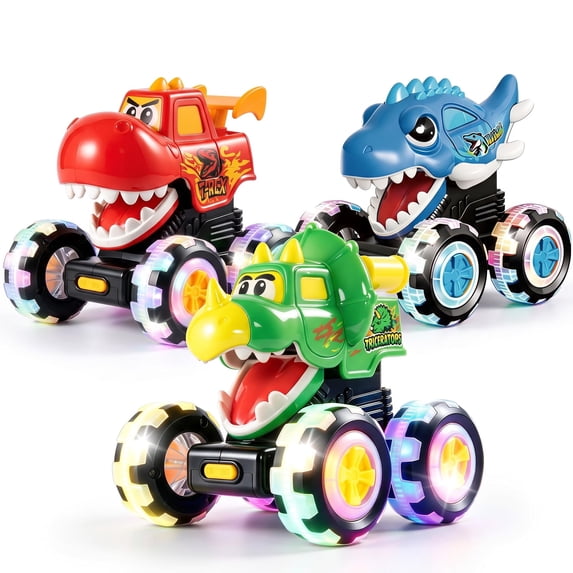 Afuafu 3 Pack Dinosaur Monster Truck Toys, Press and Go Cars for Toddlers 2-5, LED Light Wheels Push Cars with Realistic Dino Design, Kids Vehicle Set for Boys Girls