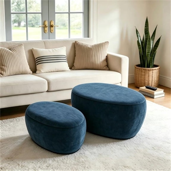 Afuera Living 2-Piece Blue Chenille Storage Ottoman Set with Nesting Design