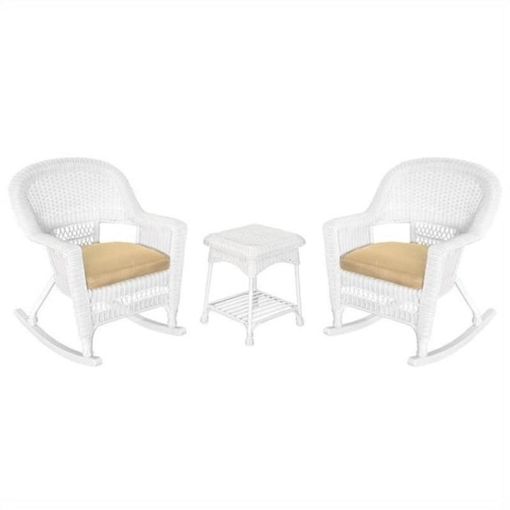 Afuera Living 3pc Rocker Wicker Chair Set in White with Tan Cushion