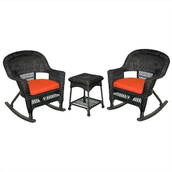 Afuera Living 3pc Wicker Rocker Chair Set in Black with Red Cushion