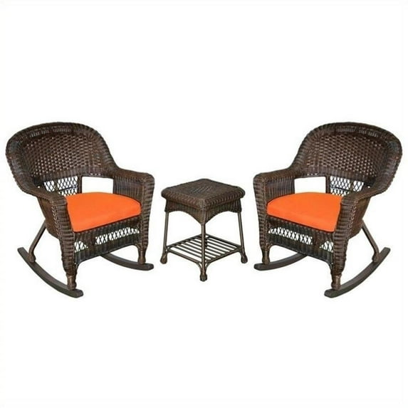 Afuera Living 3pc Wicker Rocker Chair Set in Espresso with Orange Cushion