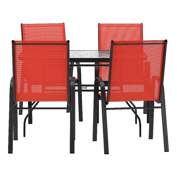 Afuera Living 5 Pc Outdoor Patio Dining Set with Glass Table & 4 Chairs in Red