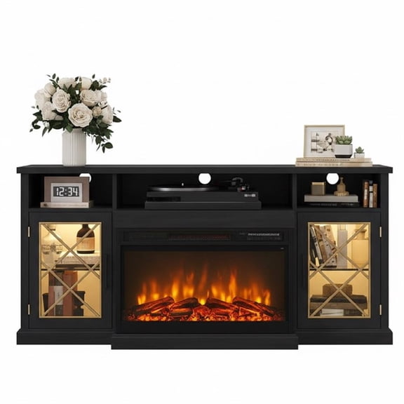 Afuera Living 65" Black TV Stand with 30" 3-Sided Fireplace for 43"-75" TVs