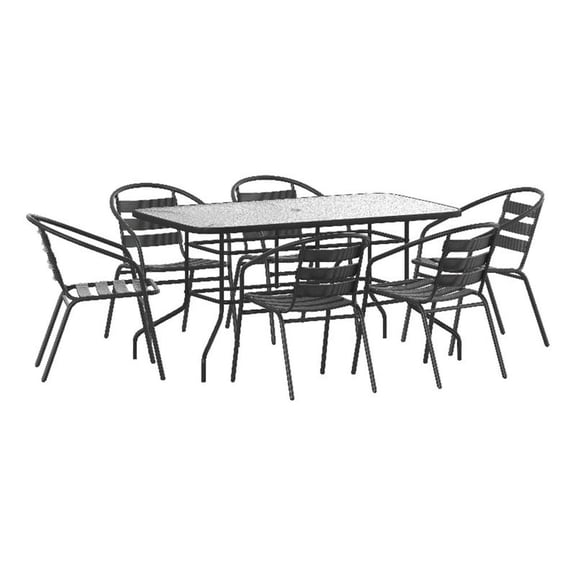 Afuera Living 7 Pc Patio Dining Set - 55" Glass Patio Table 6 Black Stack Chairs