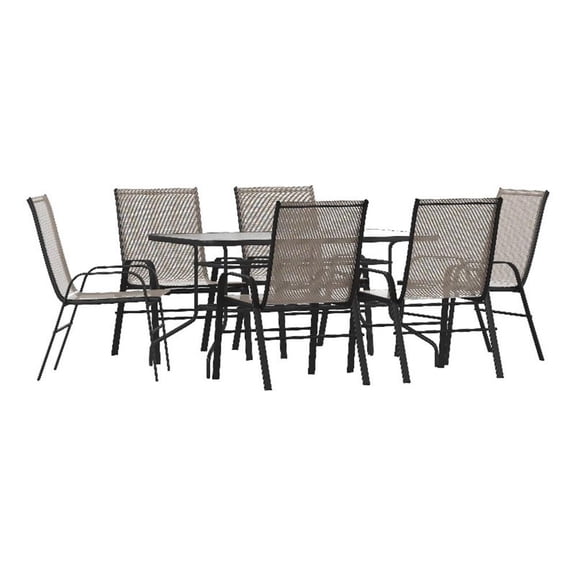 Afuera Living 7 Pc Patio Dining Set - 55" Glass Patio Table 6 Brown Stack Chairs