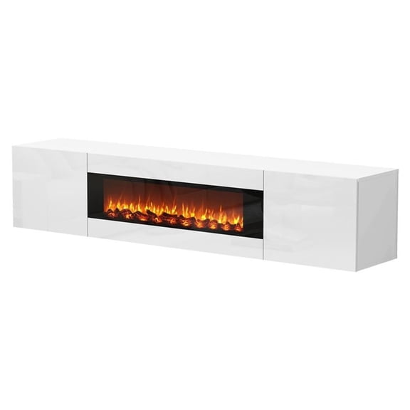 Afuera Living 70" White Floating TV Stand with 36" Fireplace & Storage