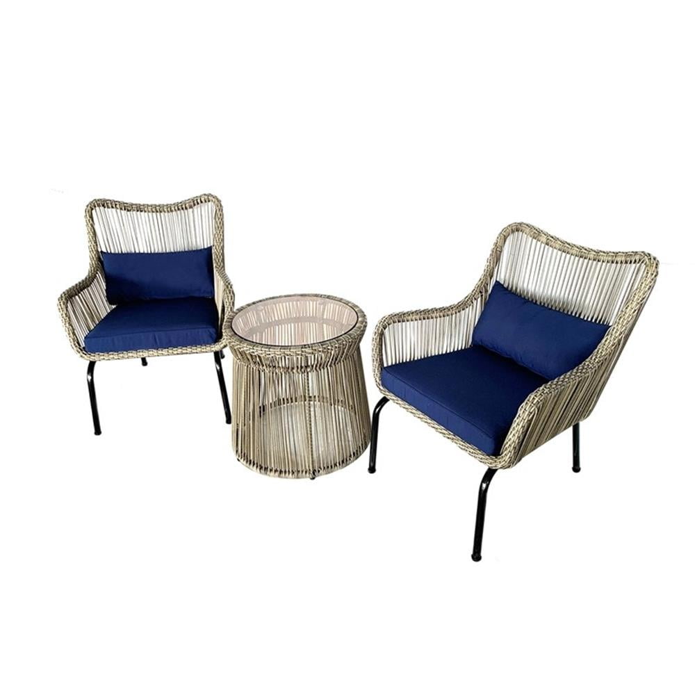 Beige and Navy Aluminum Wicker 3-Piece Conversation Set