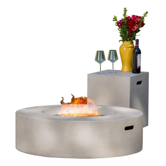 Afuera Living Circular Gas Fire Pit Table with Tank Holder in Light Gray