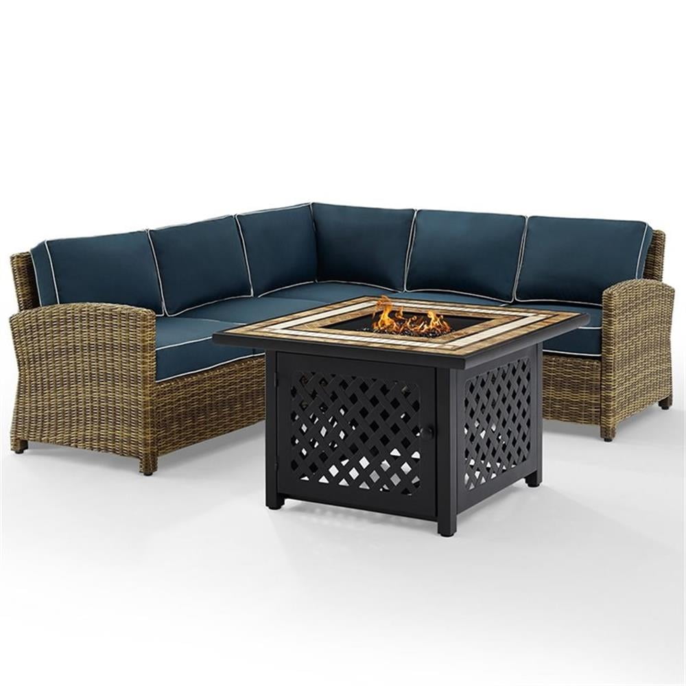 Afuera Living 4-Piece Wicker / Rattan Fire Pit Sectional Set in Navy ...