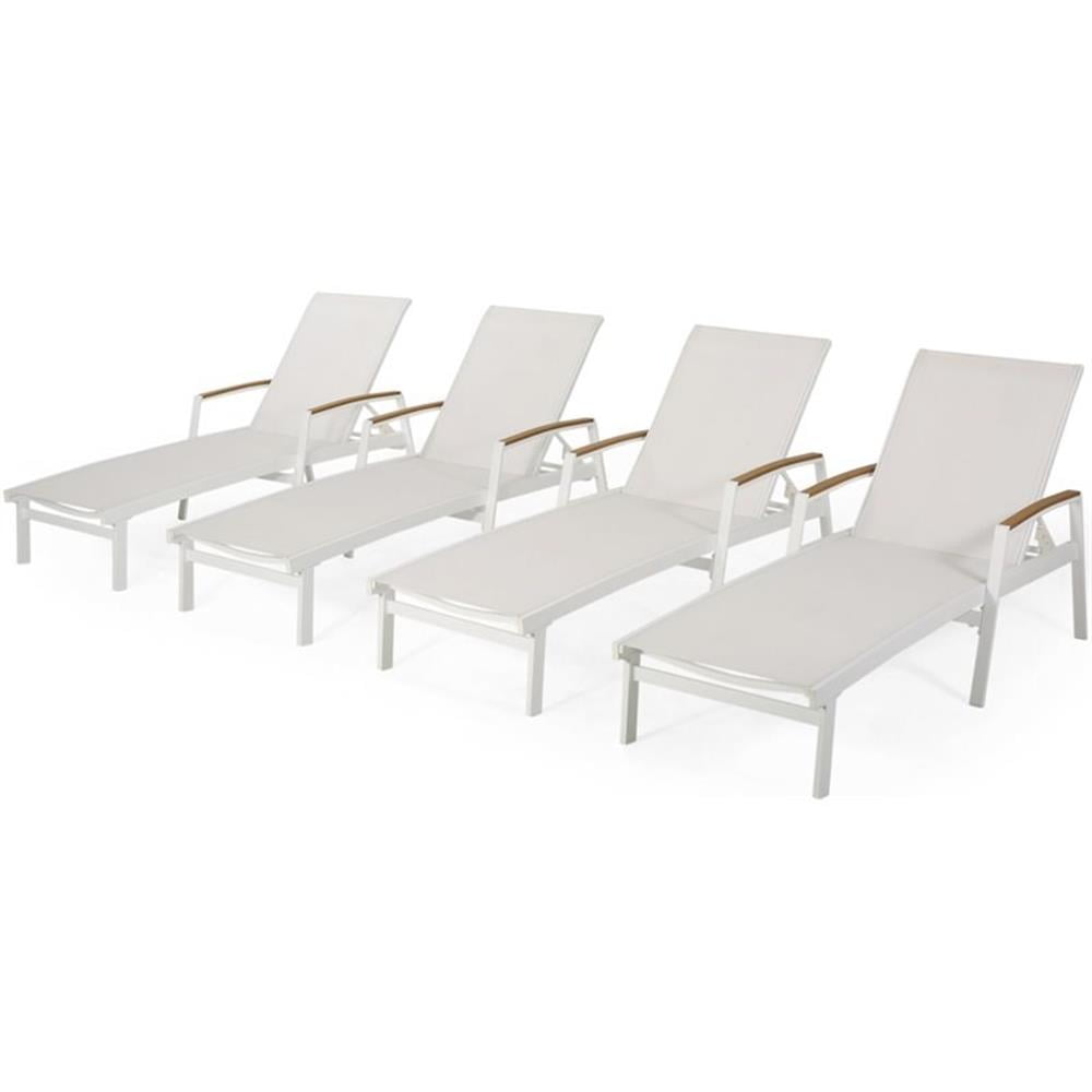 White Aluminum and Mesh Adjustable Outdoor Chaise Lounge Set with Arms