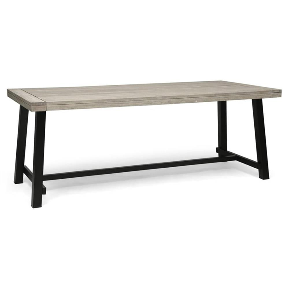 Sleek Acacia Wood & Metal Frame Outdoor Dining Table, Light Gray/Black