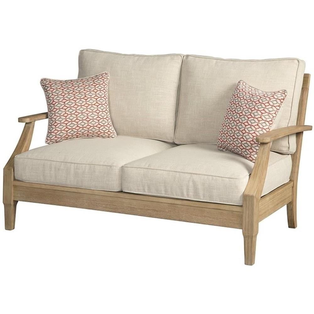 Beige Eucalyptus Wood Stationary Loveseat with Cushions