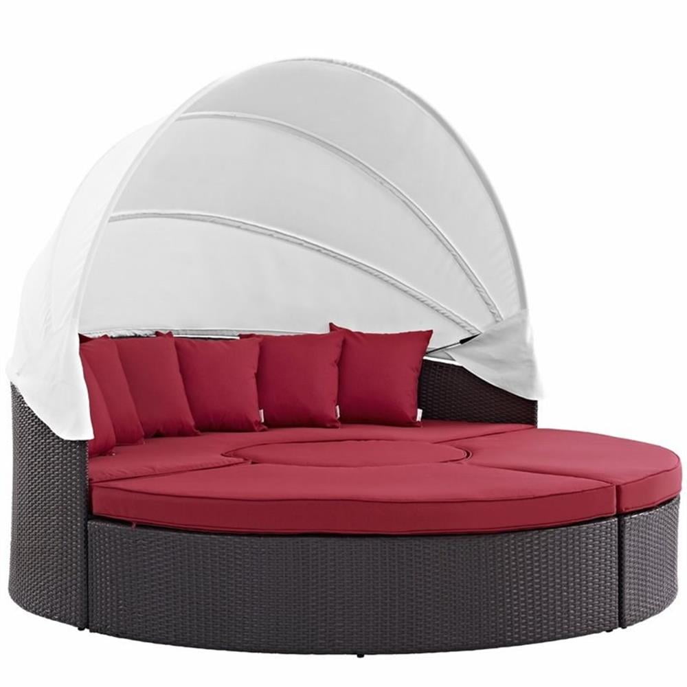 Espresso and Red Wicker Outdoor Canopy Daybed with Cushions