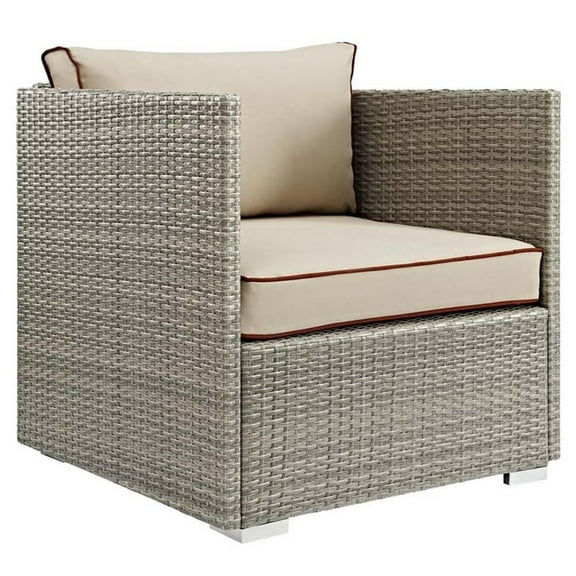 Afuera Living Rattan & Fabric Patio Arm Chair in Light Gray and Beige