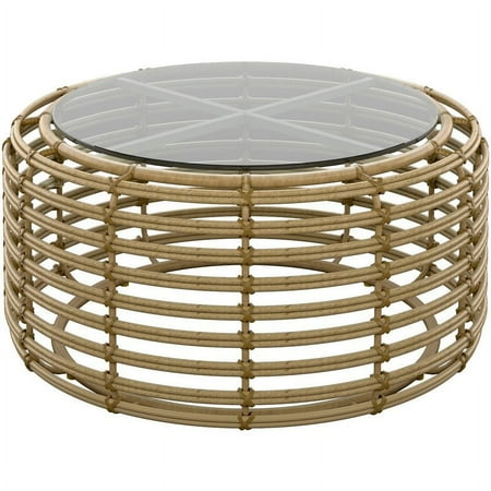 Afuera Living Boho Aluminum and Wicker Weather-Resistant Round Coffee Table with Glass Top, Beige