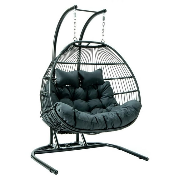 Afuera Living Wicker 2 Person Double Folding Hanging Egg Swing Chair in Charcoal