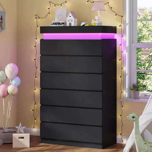 Afuhokles Black Tall Dresser Wood 6 Drawer Dressers for Bedroom with LED Light, Wood Chest of Drawers Storage Cabinet.