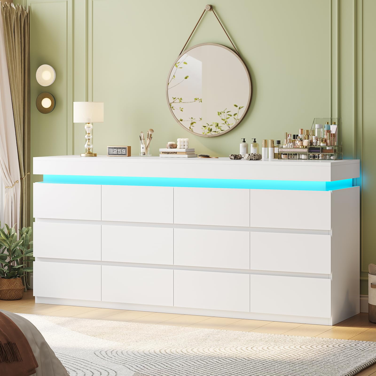 Afuhokles 12 Drawer Dresser with LED Light, White Modern Chest of Drawers for Bedroom