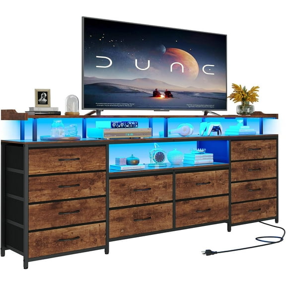 Afuhokles 12 Drawers TV Stand Dresser for 65/70 inch TV with LED Light, Entertainment Center with LED Lights and Power Outlets, 63" TV Console Table for Bedroom, Brown