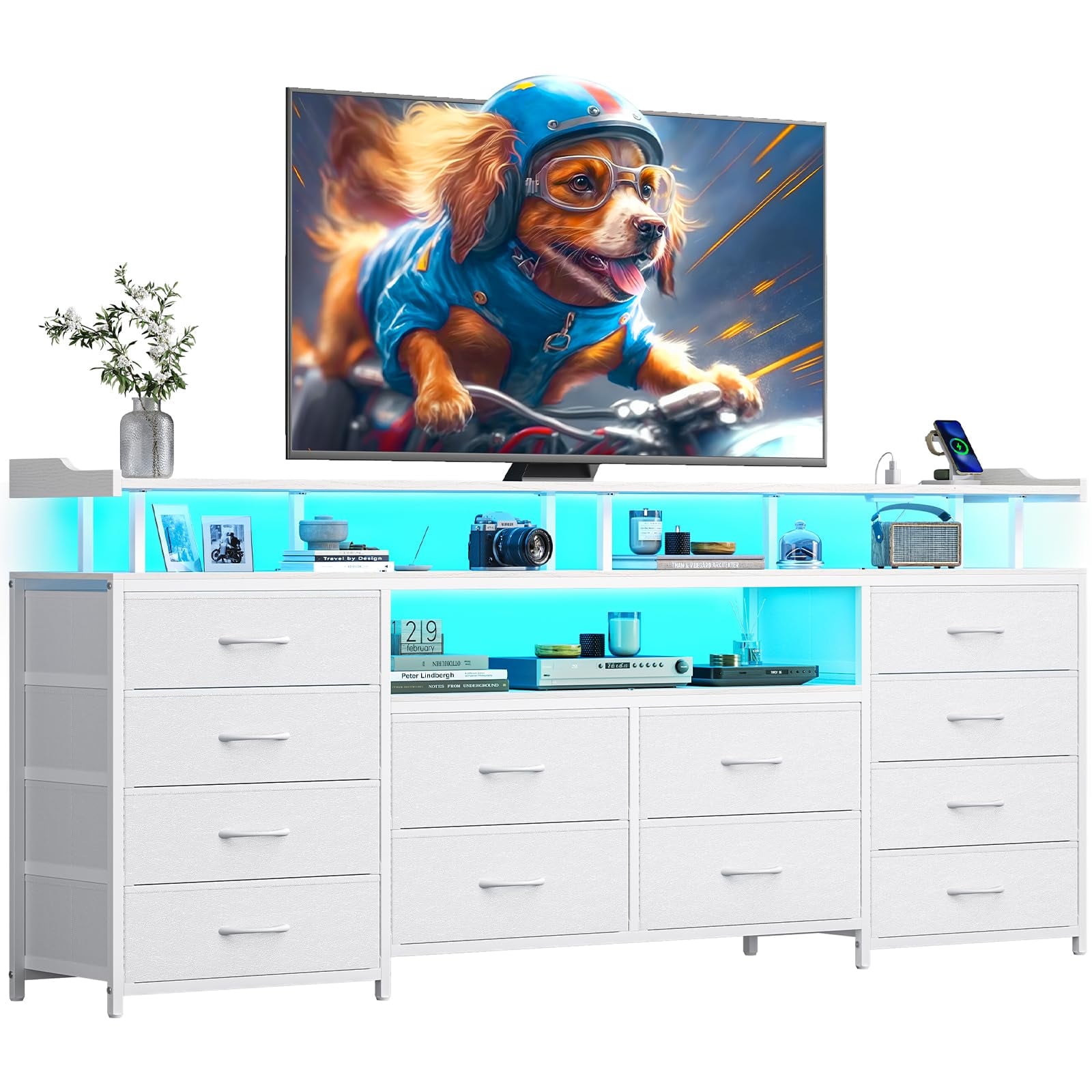 Afuhokles 12 Drawers TV Stand Dresser for 65/70 inch TV with LED Light, Entertainment Center with LED Lights and Power Outlets, 63" TV Console Table for Bedroom, White
