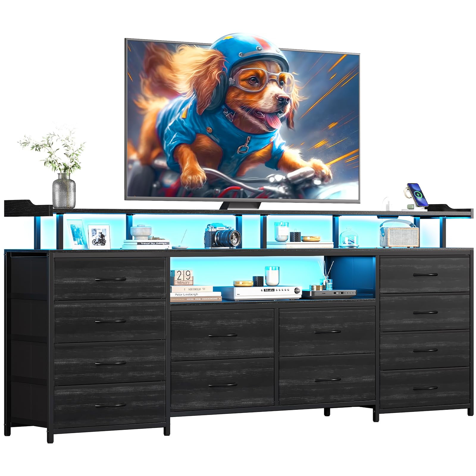 Afuhokles 12 Drawers TV Stand Dresser for 65/70 inch TV with LED Light, Entertainment Center with LED Lights and Power Outlets, 63" TV Console Table for Bedroom, Black
