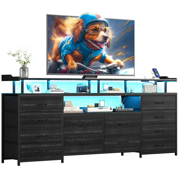 Afuhokles 12 Drawers TV Stand Dresser for 65/70 inch TV with LED Light, Entertainment Center with LED Lights and Power Outlets, 63" TV Console Table for Bedroom, Black