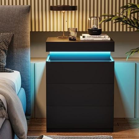 Afuhokles Nightstand with Charging Station and LED Lights,Night Stand with Sliding Top,Bedside Table with Drawers,Modern End Side Table for Bedroom,Black