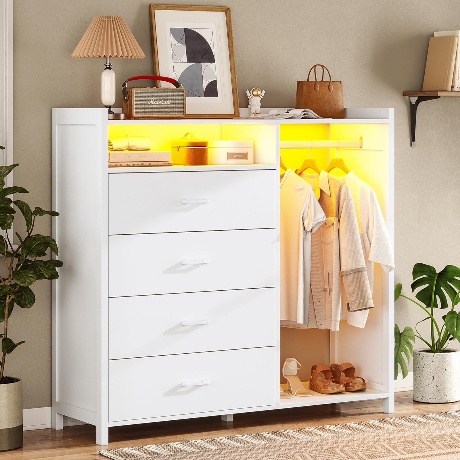 Afuhokles Tall 4 Drawer Dresser for Bedroom with Clothing Rack, Home Dressers and LED Lights