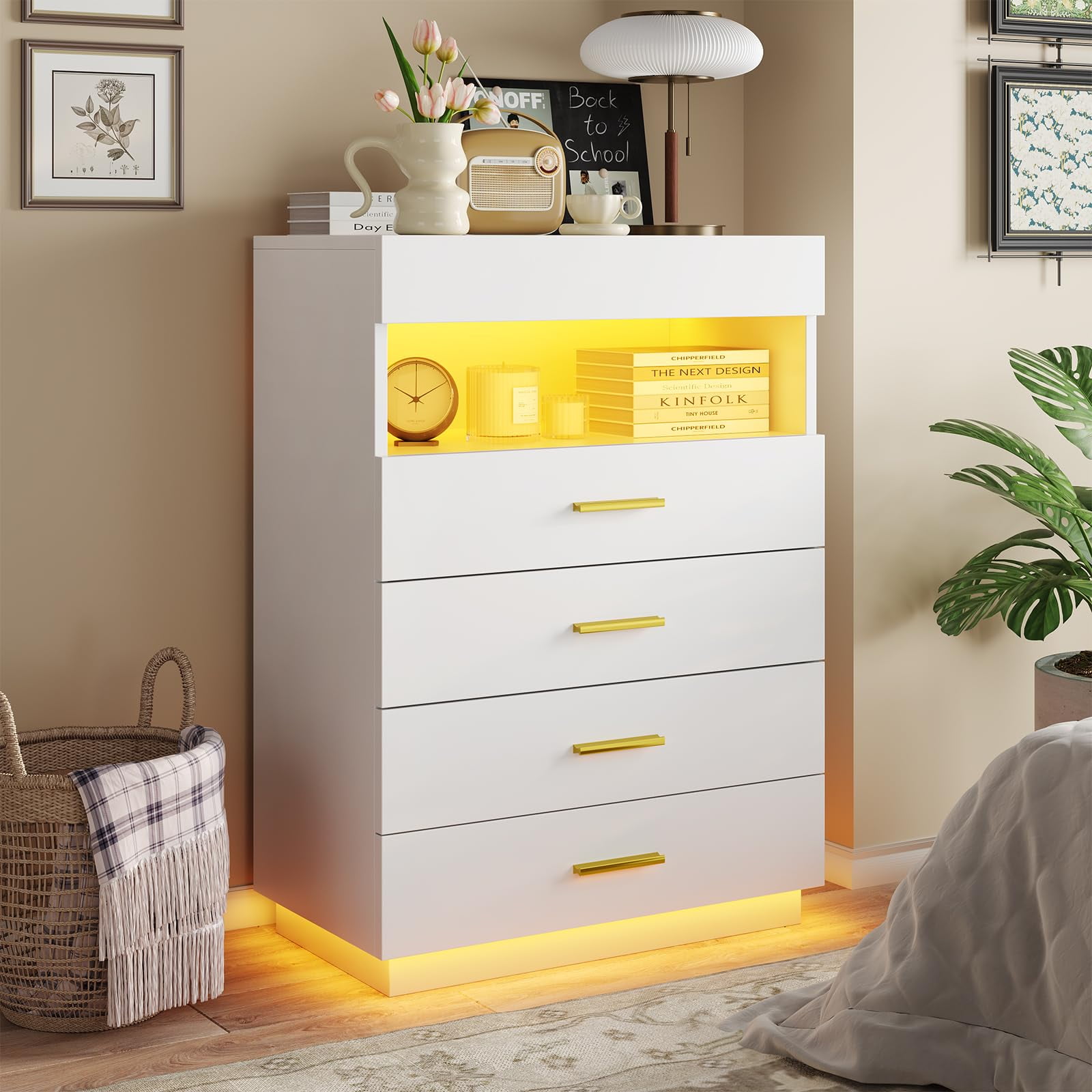 White Floating Tall Dresser with LED Lights and Gold Handles