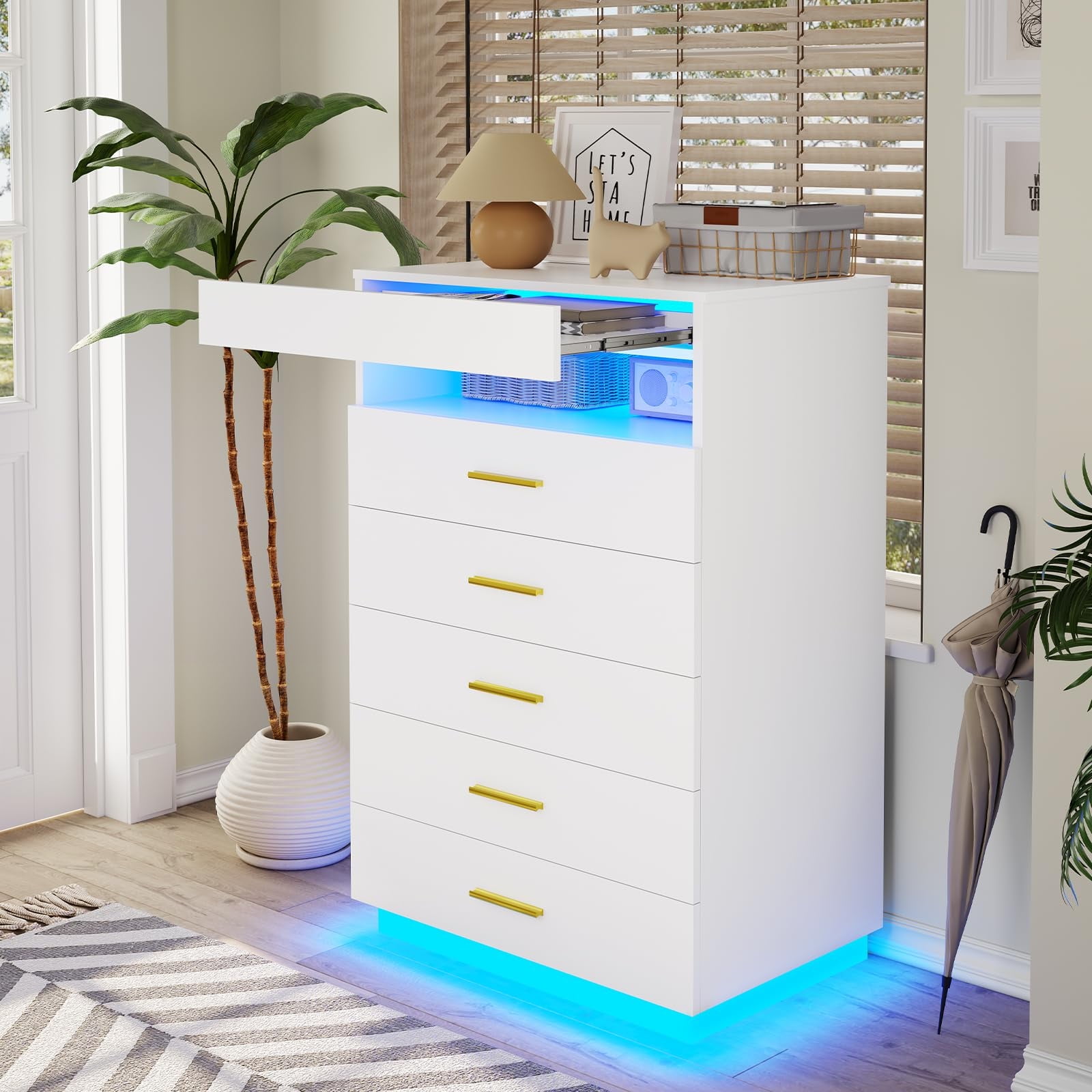 White Floating Tall Dresser with LED Lights and Gold Handles