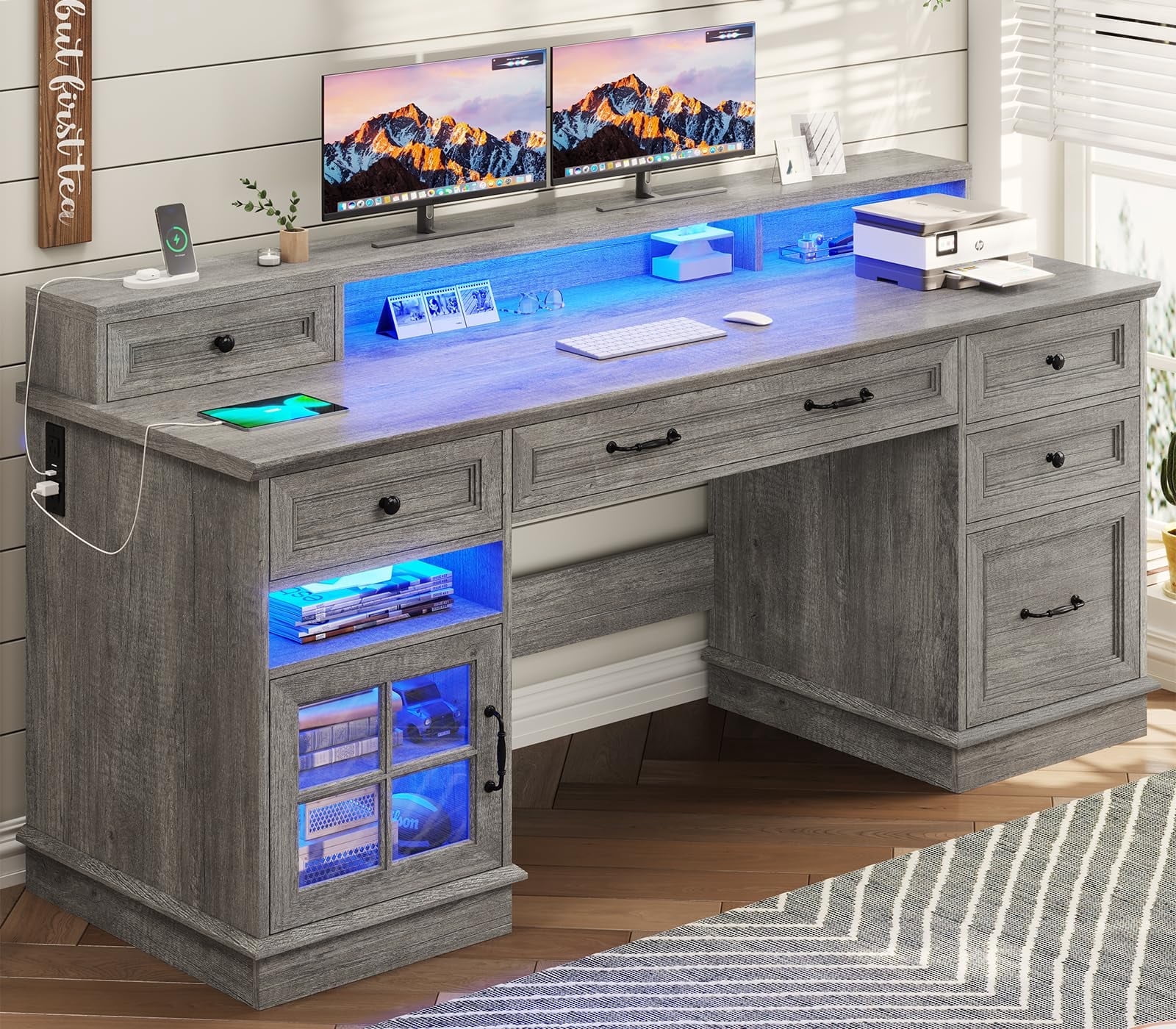 Afuhokles 59" Computer Desk with 5 Drawers and Charging Station, Farmhouse Office Desk for Home Office, Gray