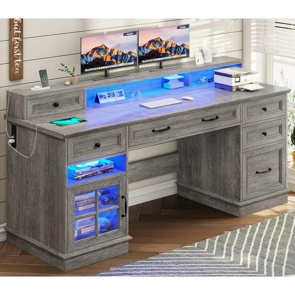 Afuhokles 59" Computer Desk with 5 Drawers and Charging Station, Farmhouse Office Desk for Home Office, Gray