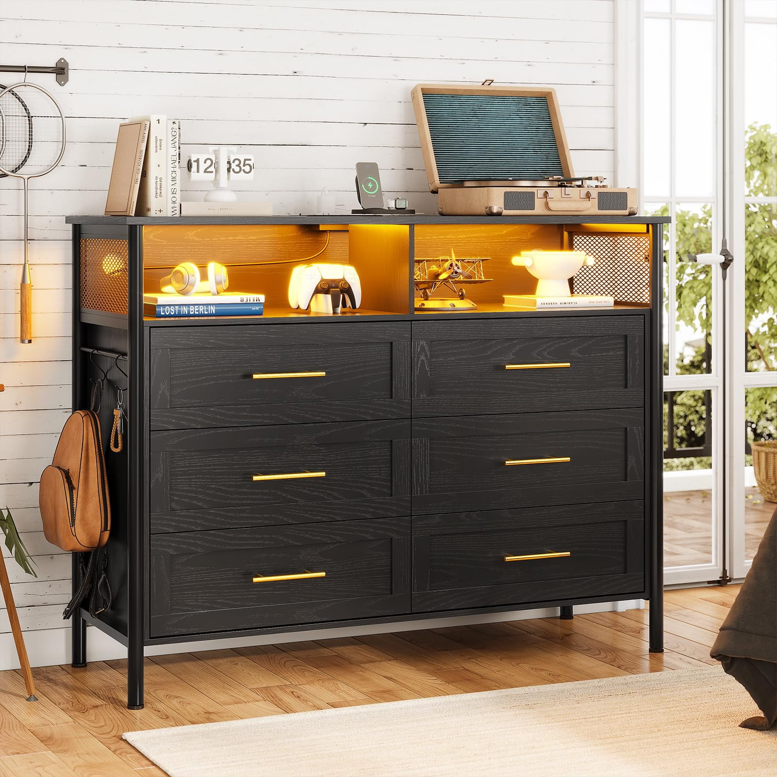 Afuhokles 6 Drawer Dresser for Bedroom with Charging Station, Black