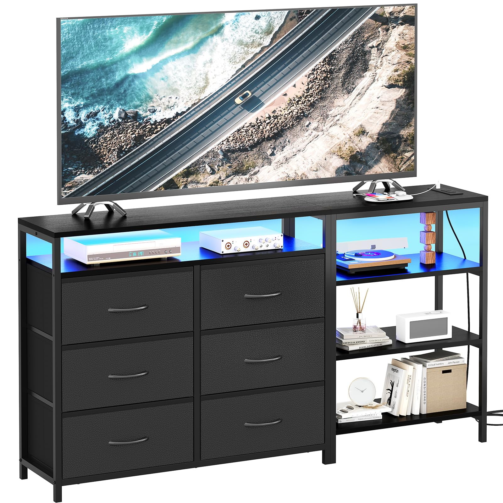 Afuhokles 6 Drawer Dressers for Bedroom with Charging Station and LED Light, 6 PU Drawers, 3 Open Shelves, Black