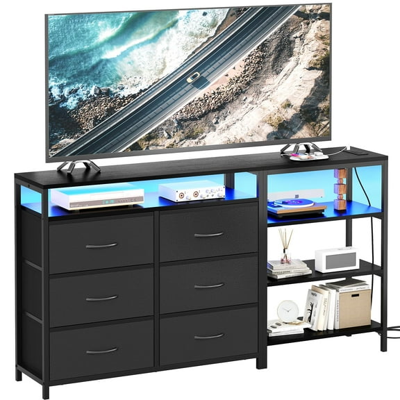 Afuhokles 6 Drawer Dressers for Bedroom with Charging Station and LED Light, 6 PU Drawers, 3 Open Shelves, Black