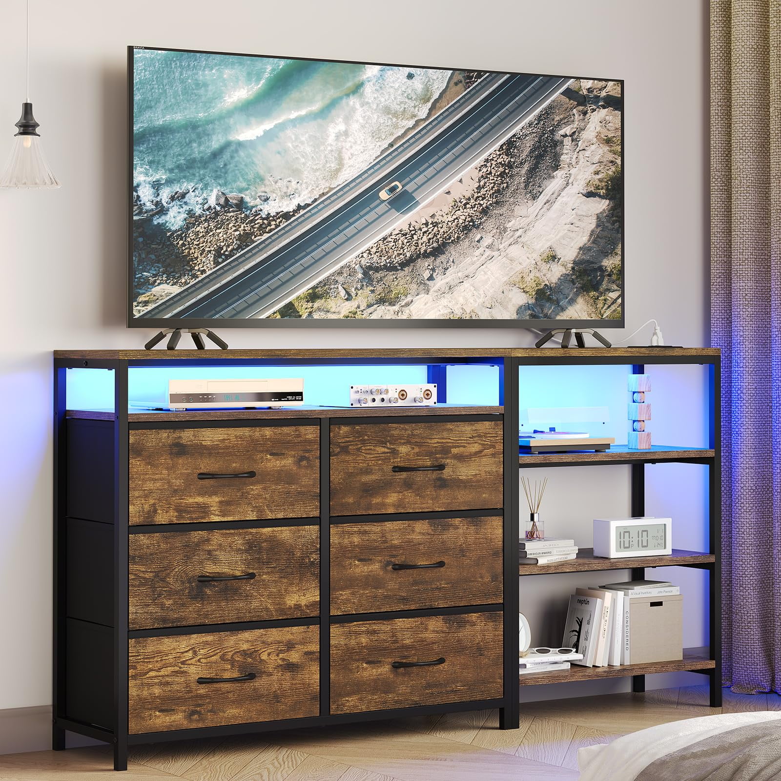 Afuhokles 6 Drawer Dressers for Bedroom with Charging Station and LED Light, 6 PU Drawers, 3 Open Shelves, Rustic Brown