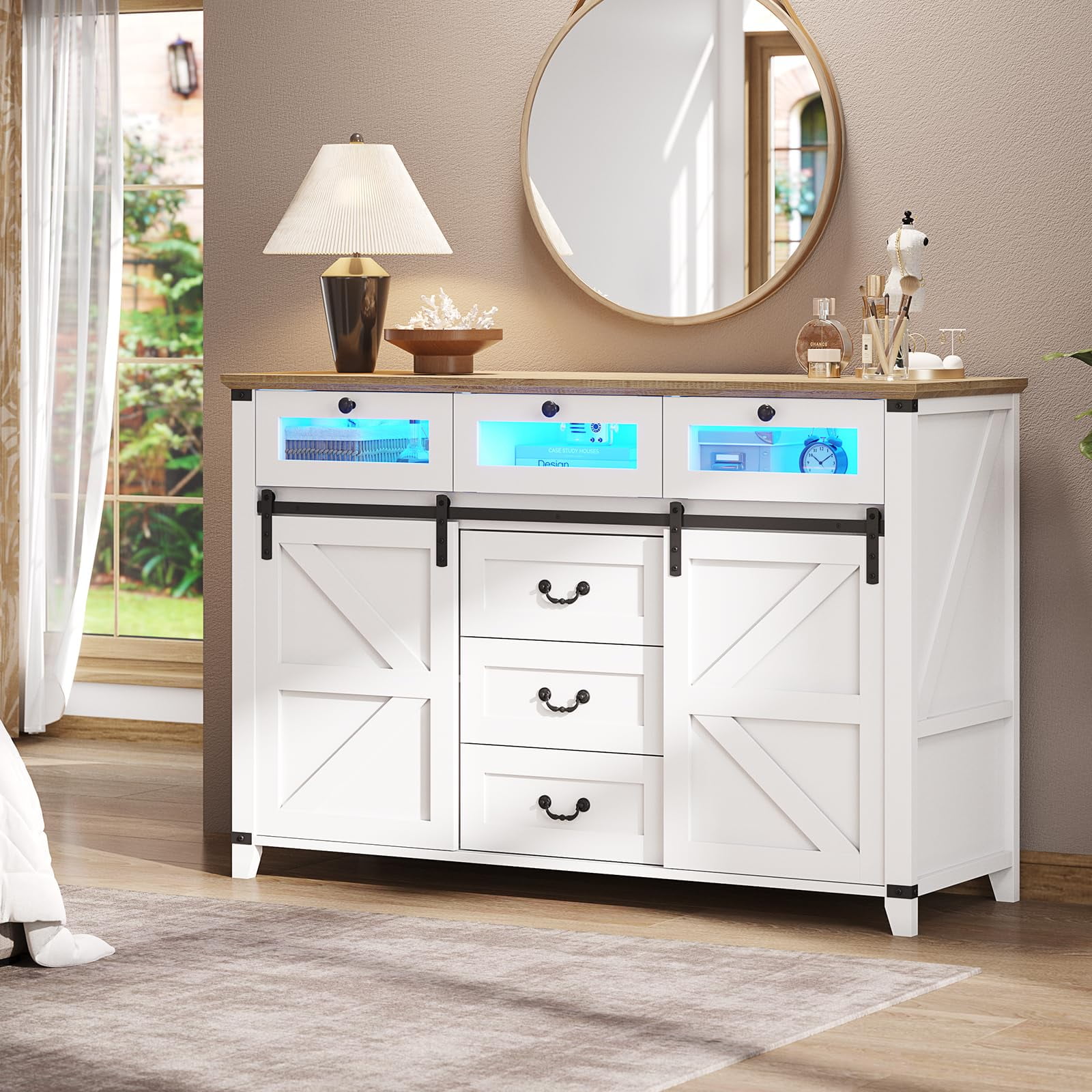 Afuhokles 6 Drawers Dresser for Bedroom with 2 Sliding Barn Door, Farmhouse  LED Lights Dresser Organizer Storage, White - Walmart.com