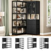 Afuhokles 6 Tier Corner Bookshelf, 70.9" Convertible Tall Bookcase with 6 Fabric Drawers and Metal Doors, Black