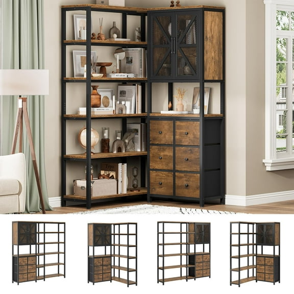 Afuhokles 6 Tier Corner Bookshelf, 70.9" Convertible Tall Bookcase with 6 Fabric Drawers and Metal Doors, Brown