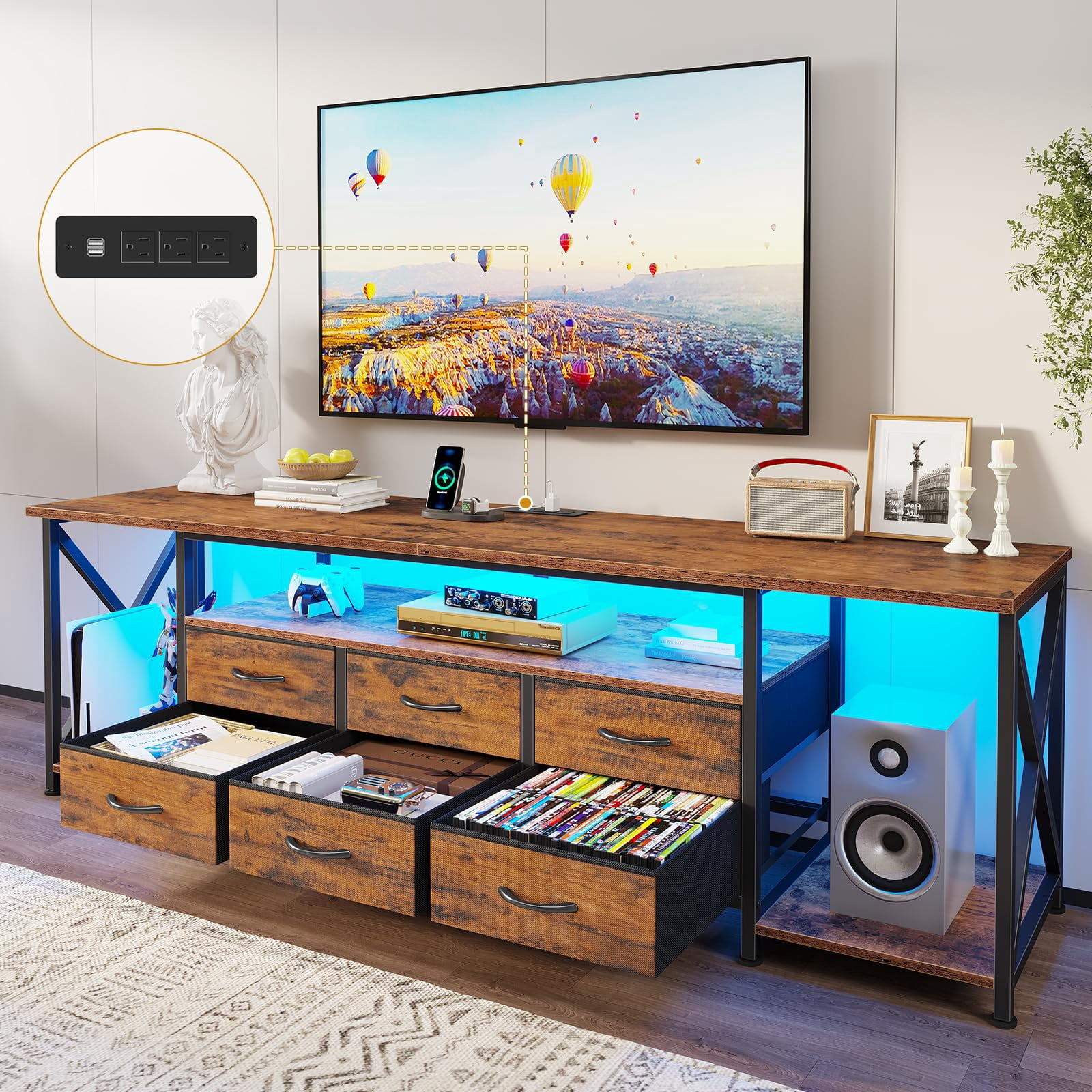Afuhokles 63" TV Stand for 80 Inches TV, Entertainment Center with LED Lights and Power Outlets, 6 Fabric Drawers, Brown